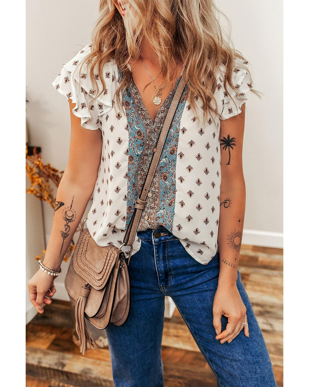 White Boho Pattern Tiered Ruffled Sleeve V Neck Buttoned Blouse - S