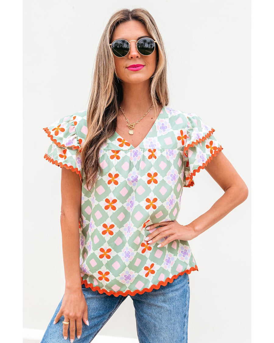 Green Geometric Floral Print Layered Flutter Sleeve V Neck Ric Rac Trim Blouse - M