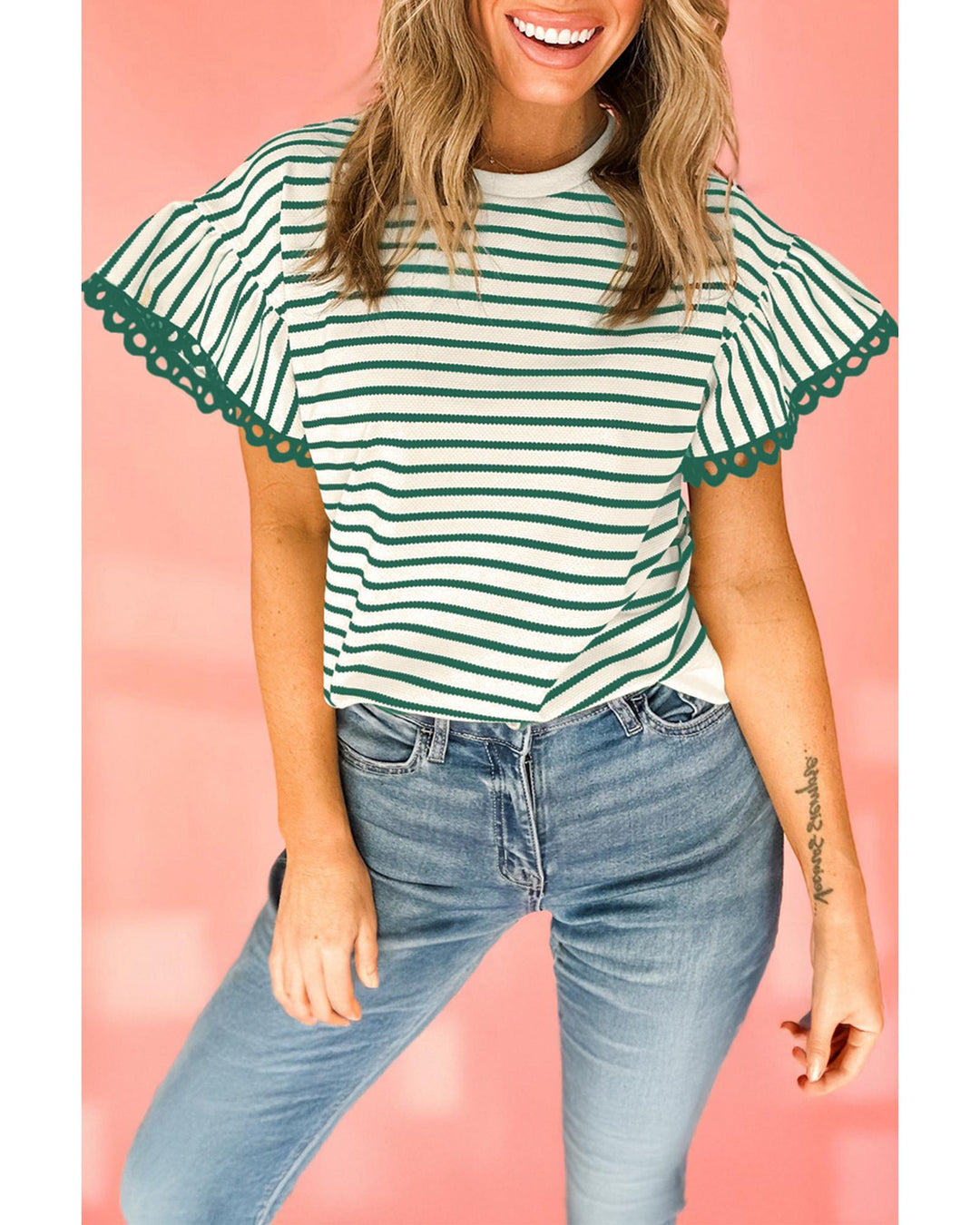 Green Stripe Scallop Lace Trim Ruffle Short Sleeves Crewneck Top - XL