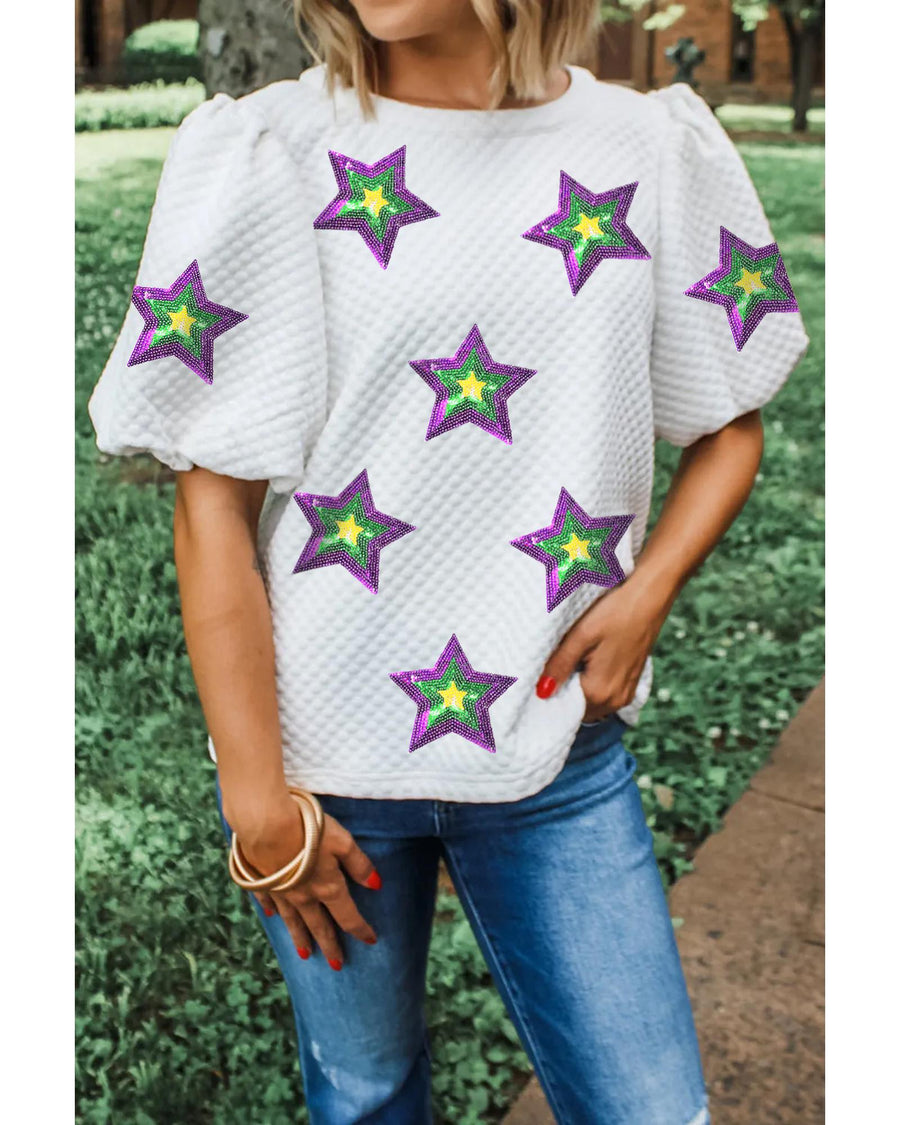 White Textured Sequin Mardi Gras Star Graphic Puff Sleeve Blouse - M