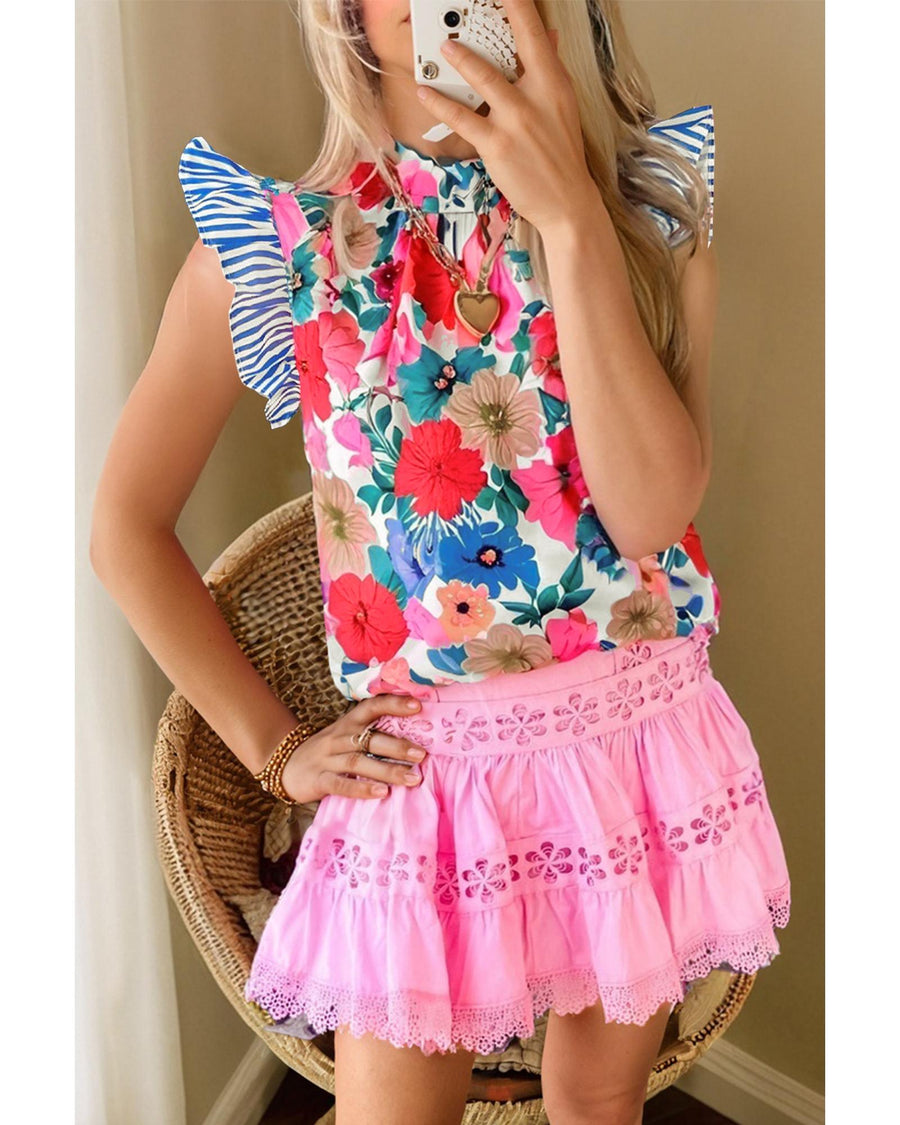 Sky Blue Floral Mock Neck Striped Flutter Sleeve Blouse - S