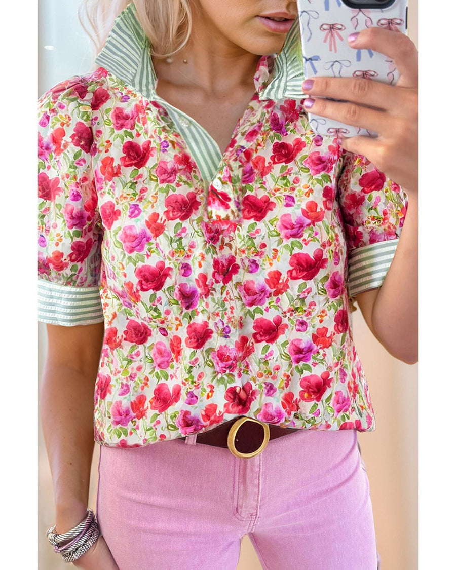 Red Floral Print Striped Patchwork Collared Short Sleeve Blouse - M