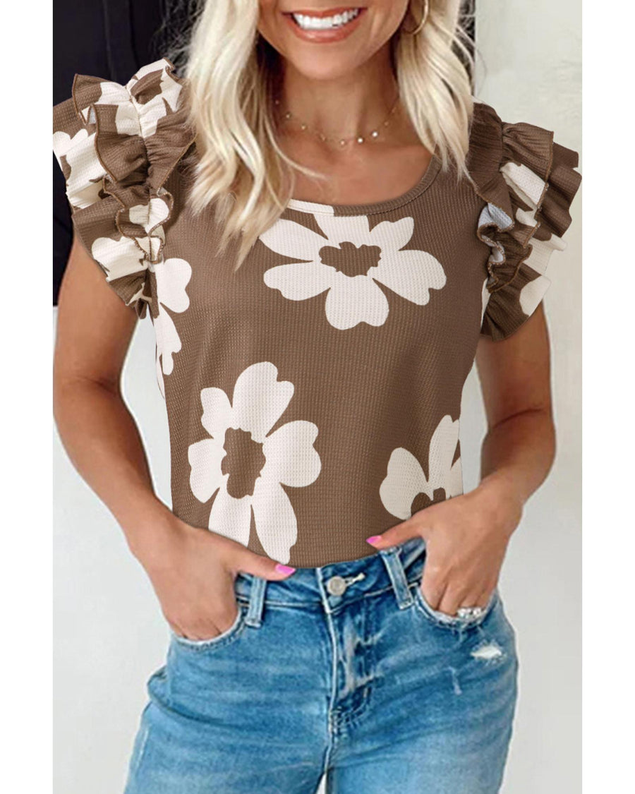 Brown Floral Textured Ruffled Short Sleeve Square Neck Blouse - L
