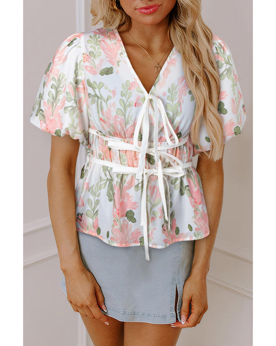 Pink Floral Puff Sleeve V Neck Tied Front Peplum Blouse - L