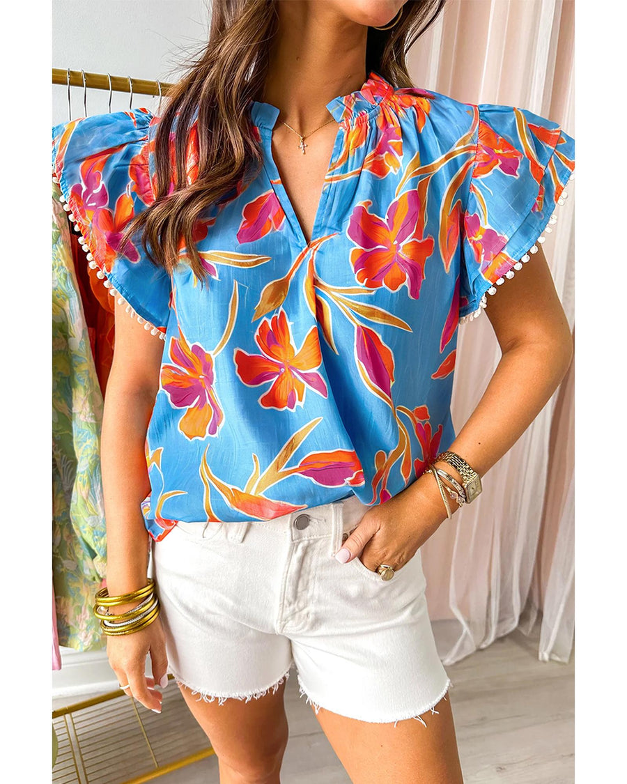 Sky Blue Floral Print V Neck Pompom Trim Flutter Sleeve Blouse - S