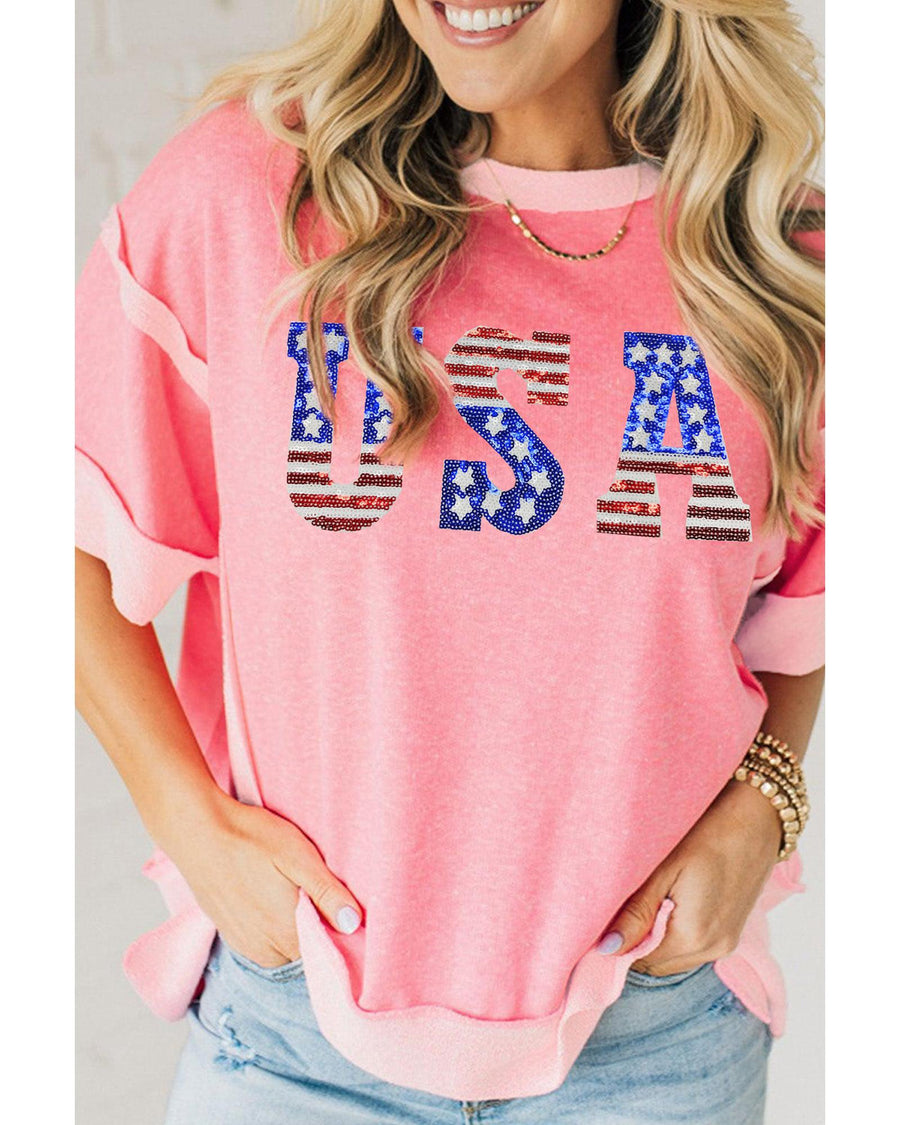 Peach Blossom USA Color Block High Low Crew Neck T Shirt - L