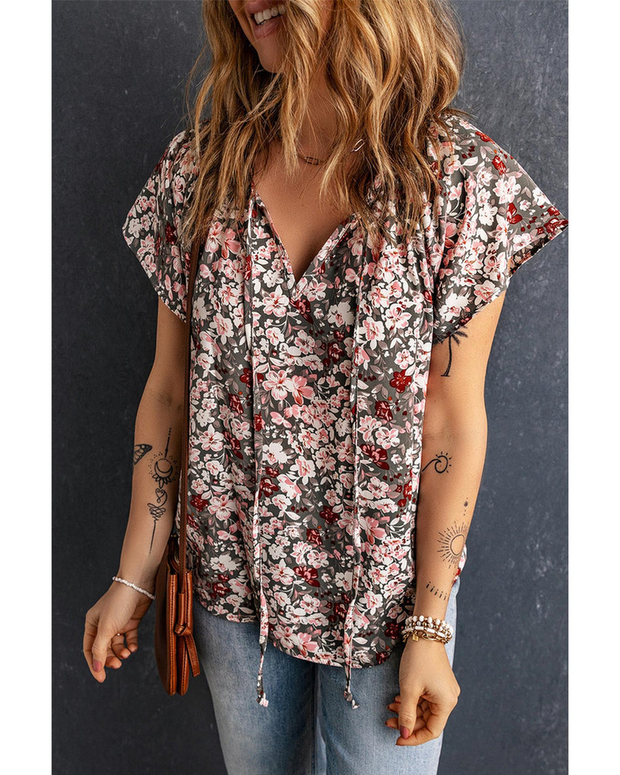Azura Exchange Printed V-neck Flutter Sleeve Blouse - XL