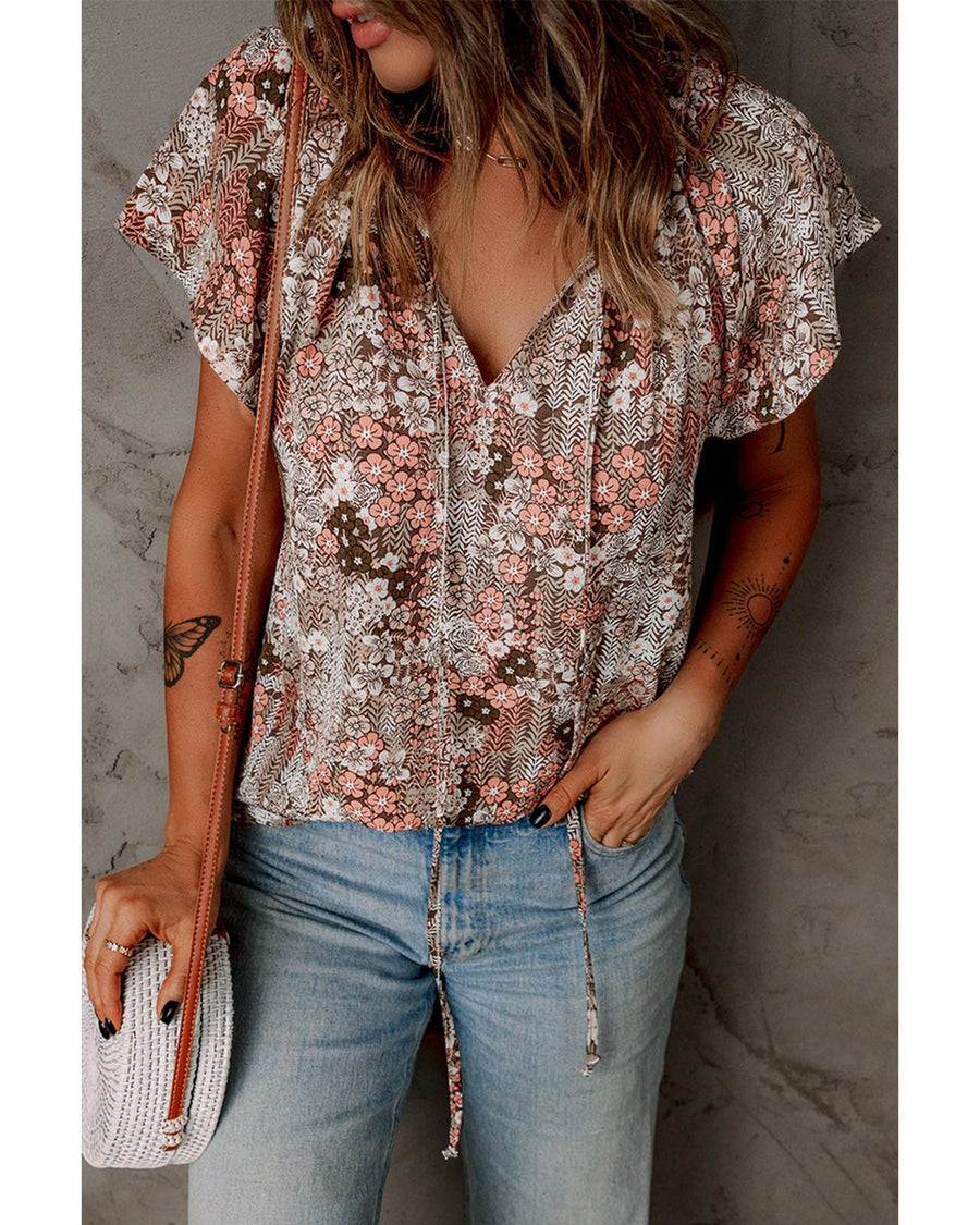 Azura Exchange Printed V-Neck Fluttering Blouse - M