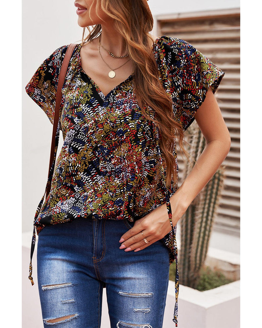 Azura Exchange Printed V-neck Flutter Sleeve Blouse - M