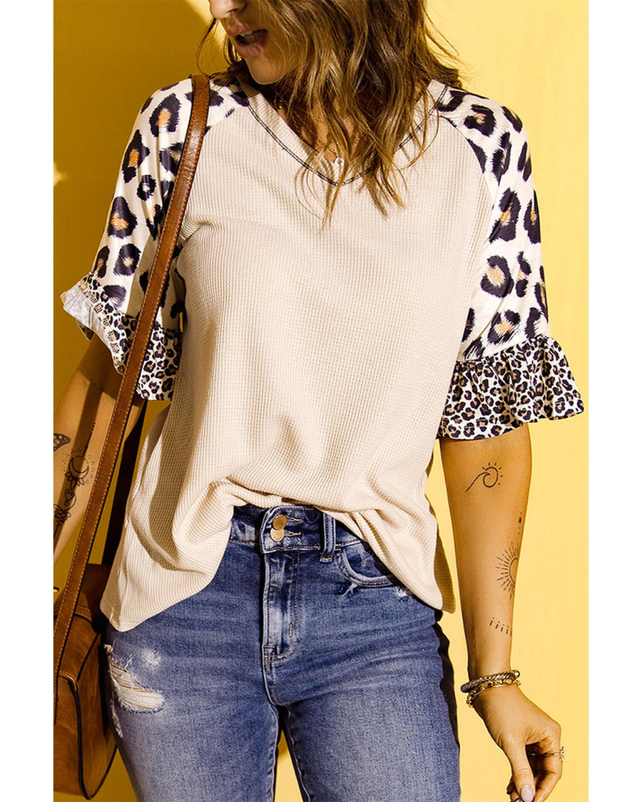 Azura Exchange Leopard Ruffle Sleeve Waffle Knit Top - 2XL