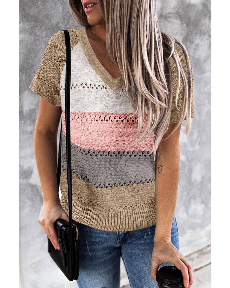 Azura Exchange Stripe Print Knitted V Neck Top - L