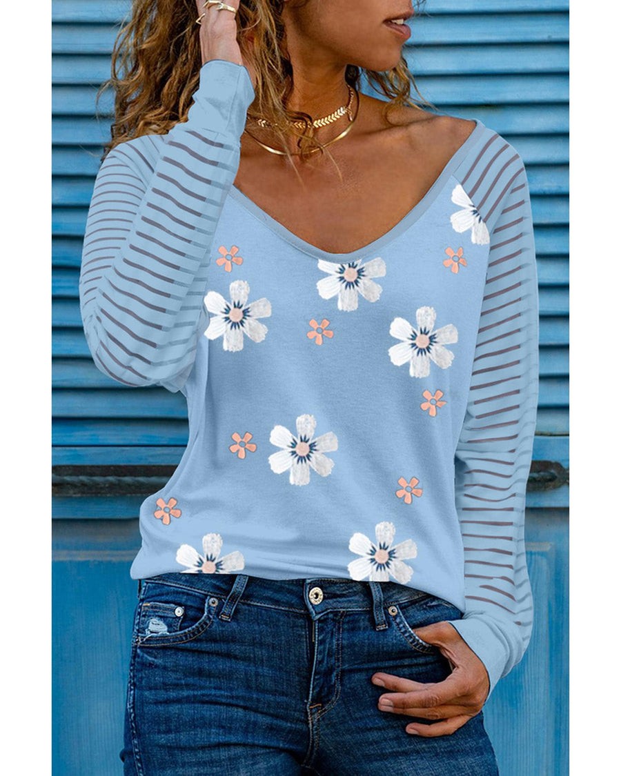 Azura Exchange Daisy Print Mesh Patchwork Long Sleeve Top - L