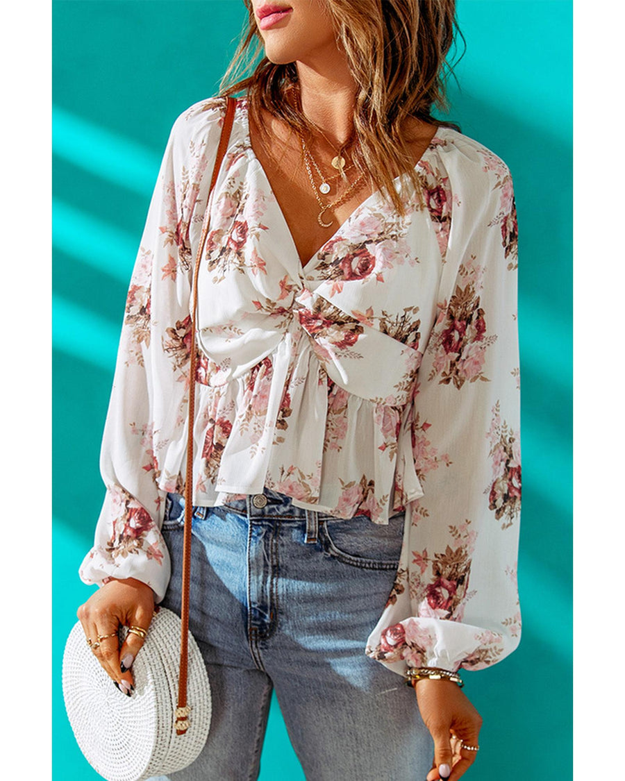 Azura Exchange V Neck Balloon Sleeve Twist Front Floral Blouse - 2XL