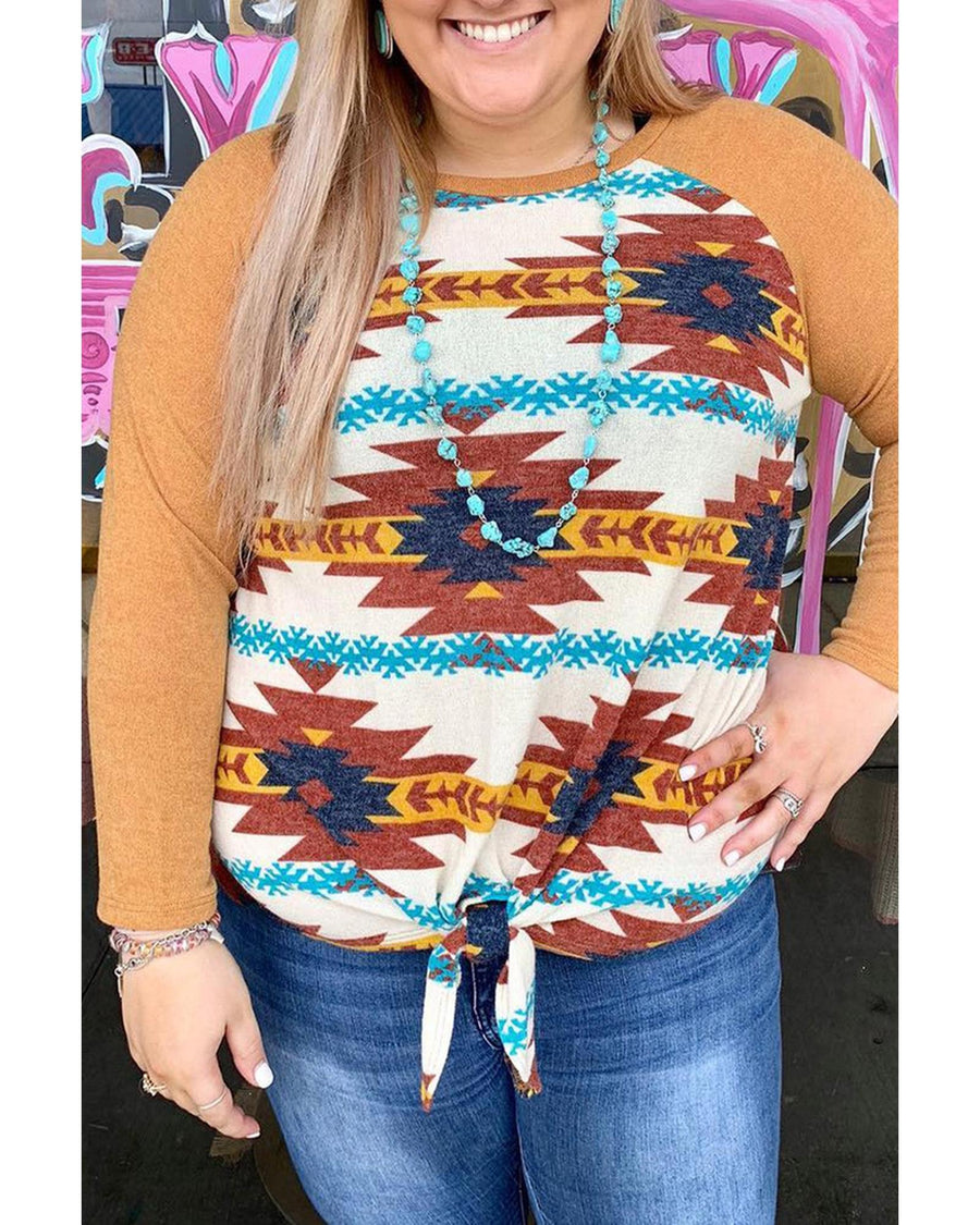 Azura Exchange Orange Aztec Print Raglan Long Sleeve Top - 4X