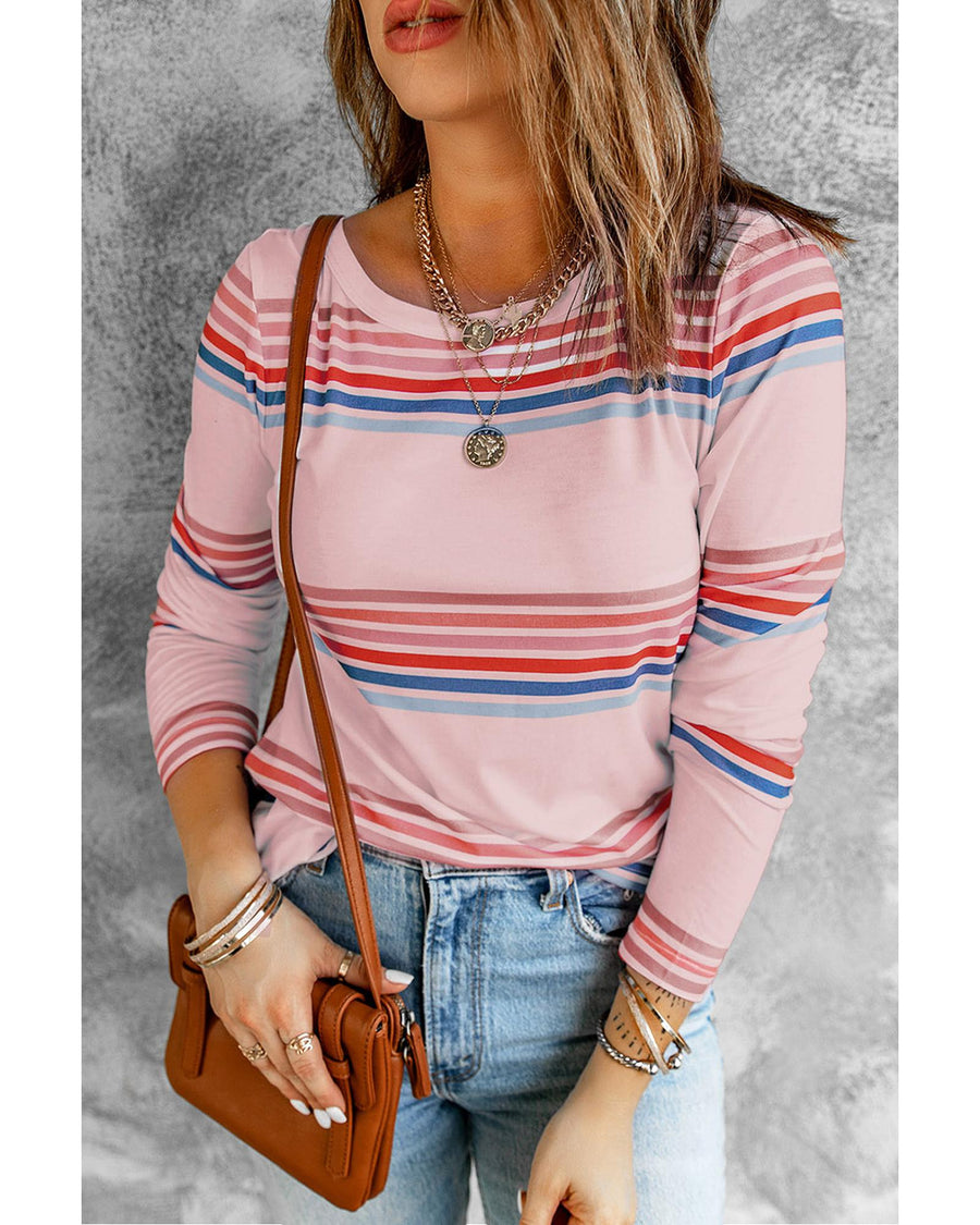 Azura Exchange Crew Neck Stripe Print Long Sleeve Top - M