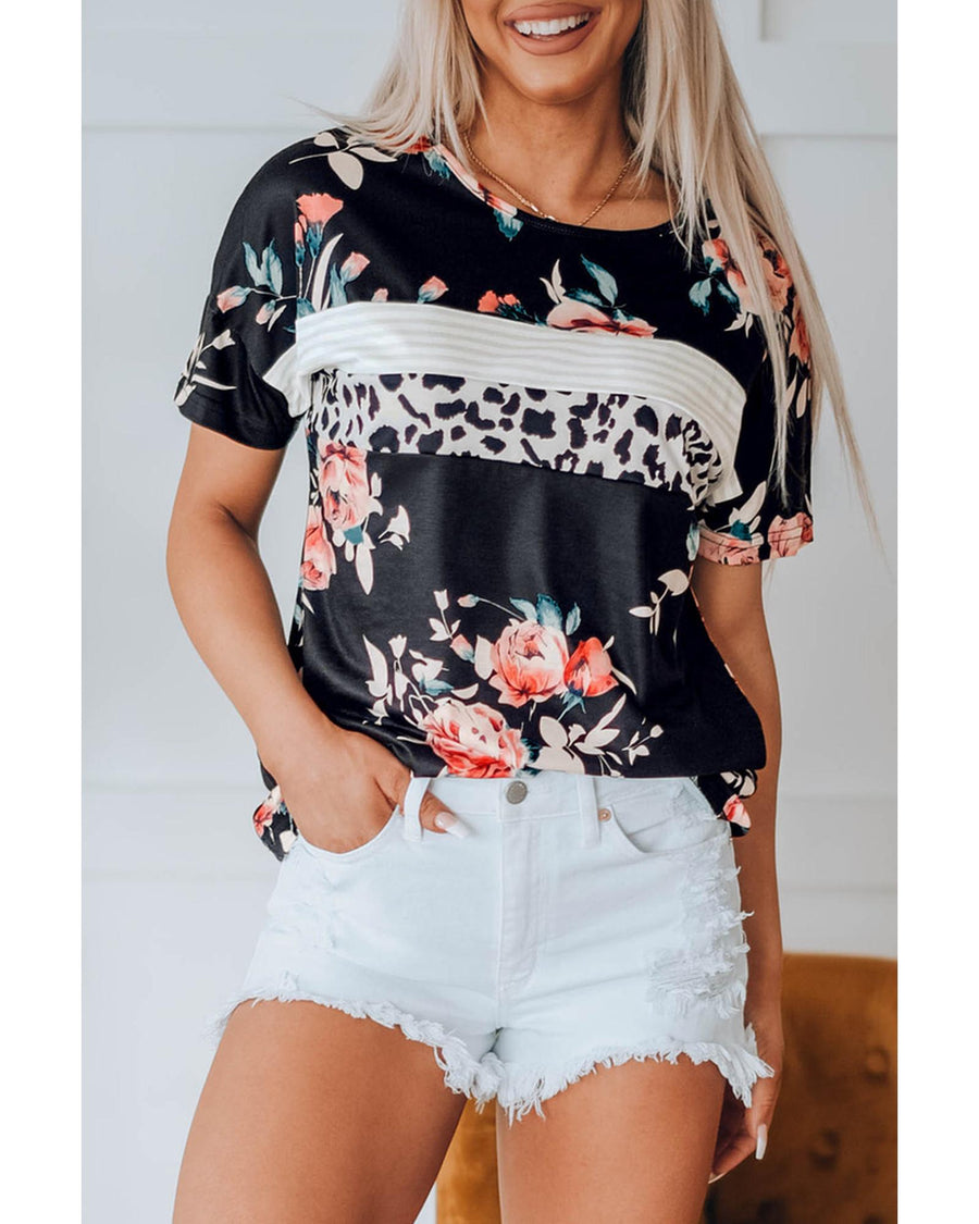 Azura Exchange Leopard Striped Floral T-Shirt - L