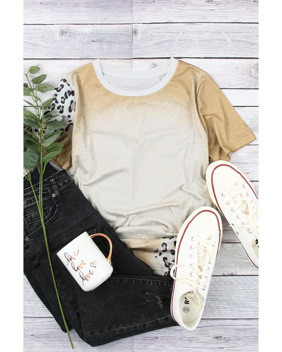 Khaki Bleached Leopard Print Crew Neck T Shirt - M