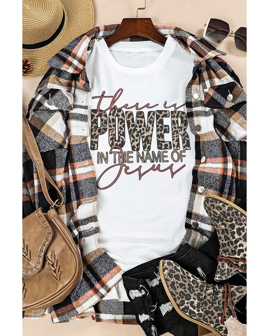 Azura Exchange Leopard Letter Graphic Tee with the Power of Jesus - M