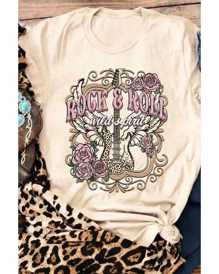 Azura Exchange Vintage Graphic Tee with Khaki ROCK&ROLL Guitar Design - 2XL