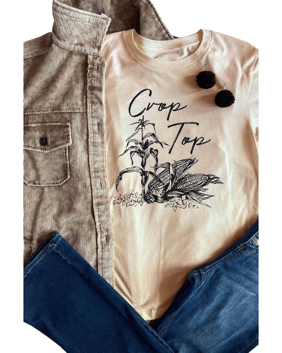 Azura Exchange Graphic Print Crop Top with Khaki Corn Plant Design - S