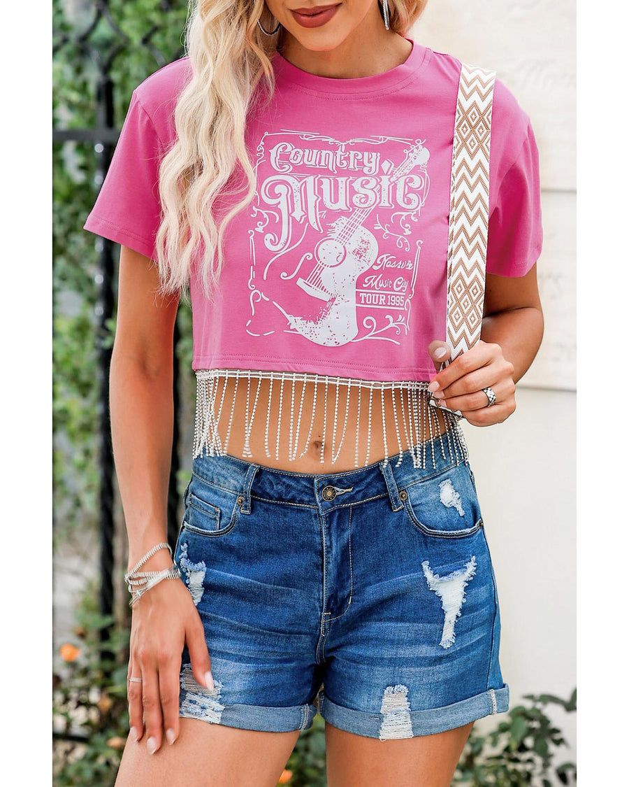 Azura Exchange Graphic Print Rhinestone Fringed Crop Top - XL