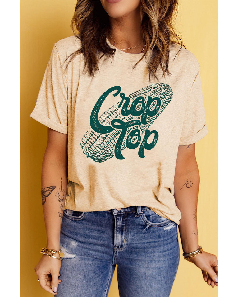 Khaki Corn Crop Top Graphic Tee - L
