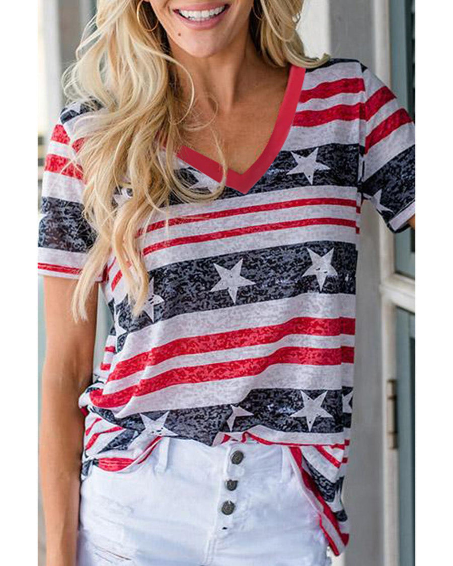 Azura Exchange Star and Stripe Print V-Neck T-Shirt - L