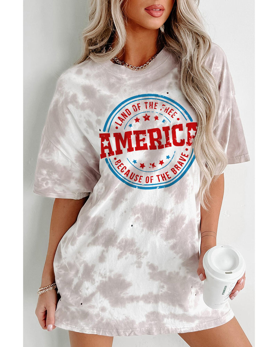 White Oversized Tie-dye AMERICA Graphic T-shirt with Distressing - M