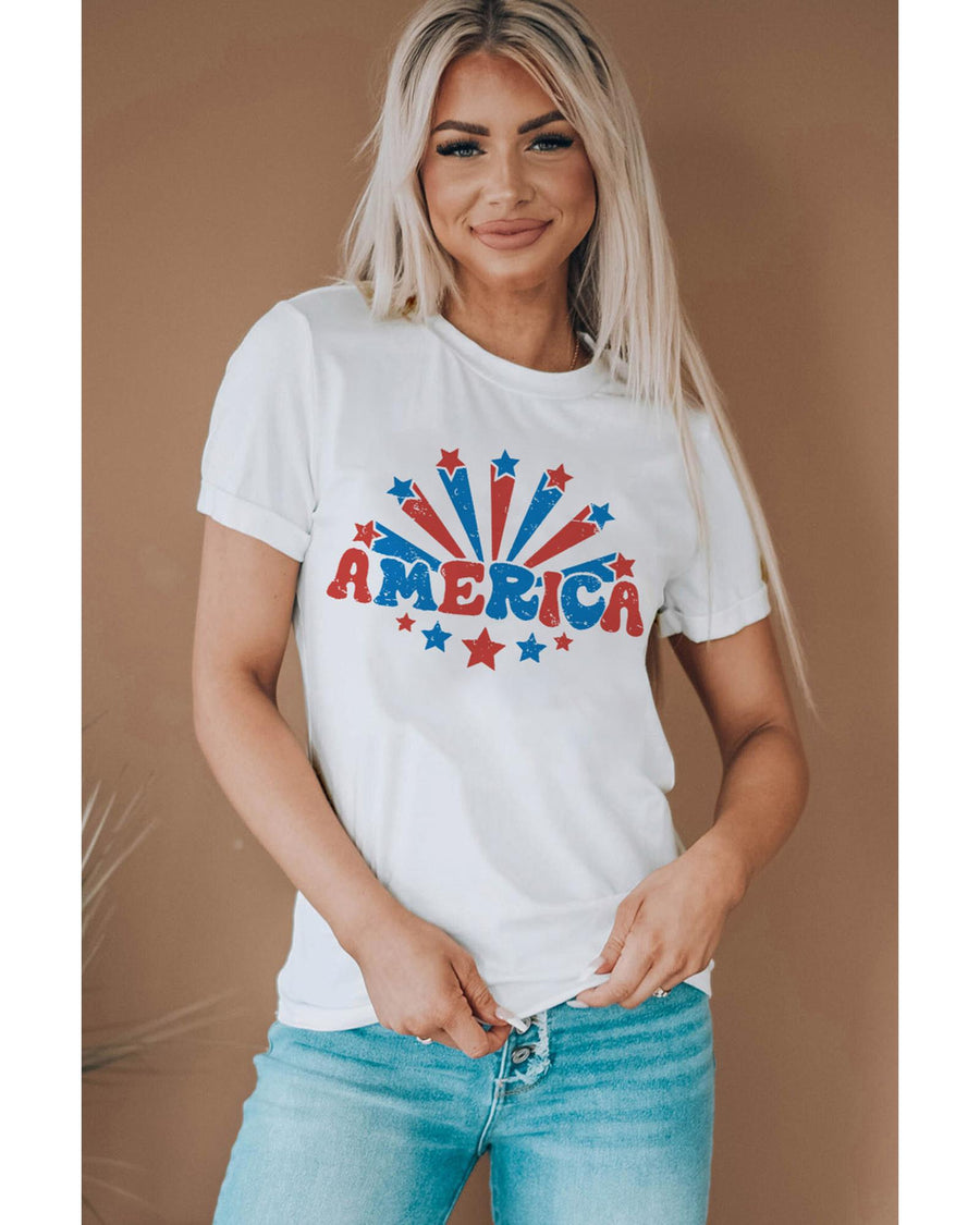 White AMERICA Star Graphic Round Neck Tee - M