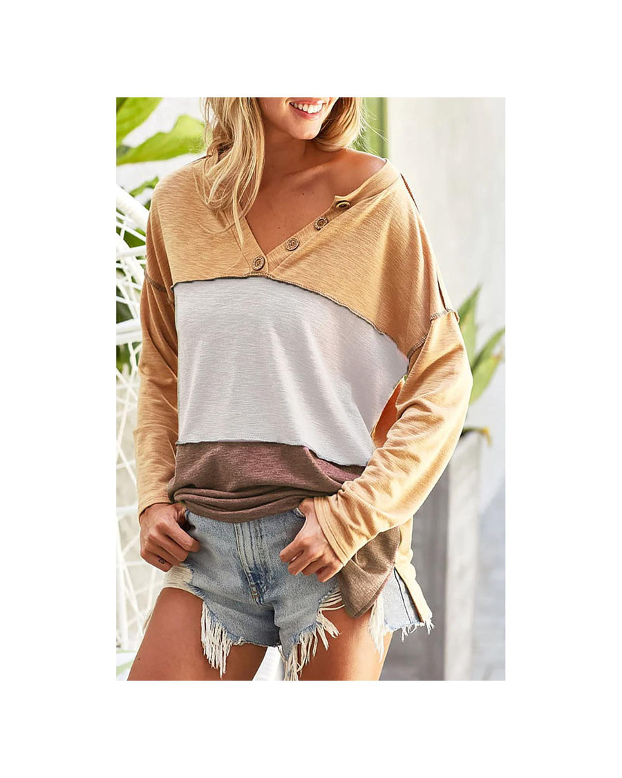 Azura Exchange Split V Neck Color Block Henley Top - XL