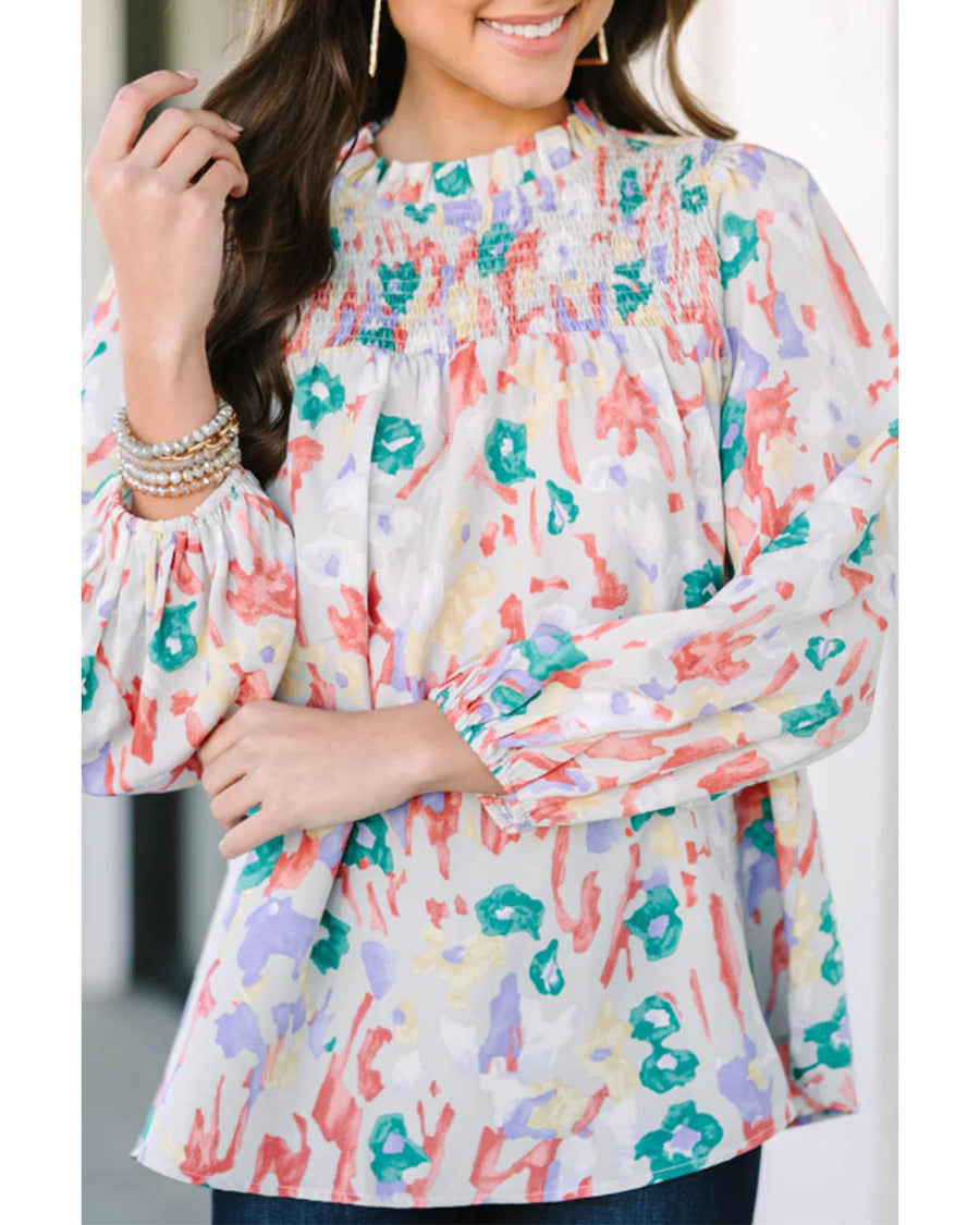 Multicolor Printed Frilled Neck Smocked Loose Blouse - M
