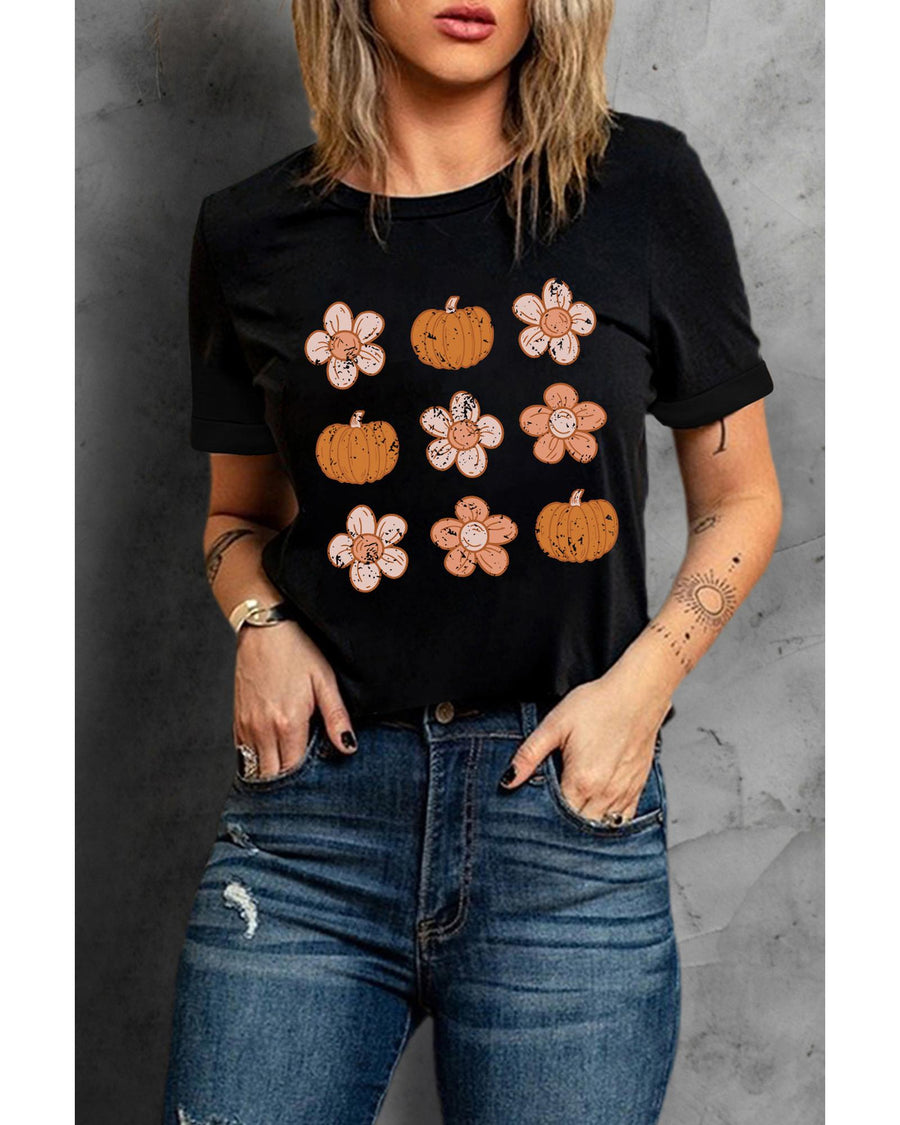 Black Pumpkin Flower Print Short Sleeve Graphic Top - L
