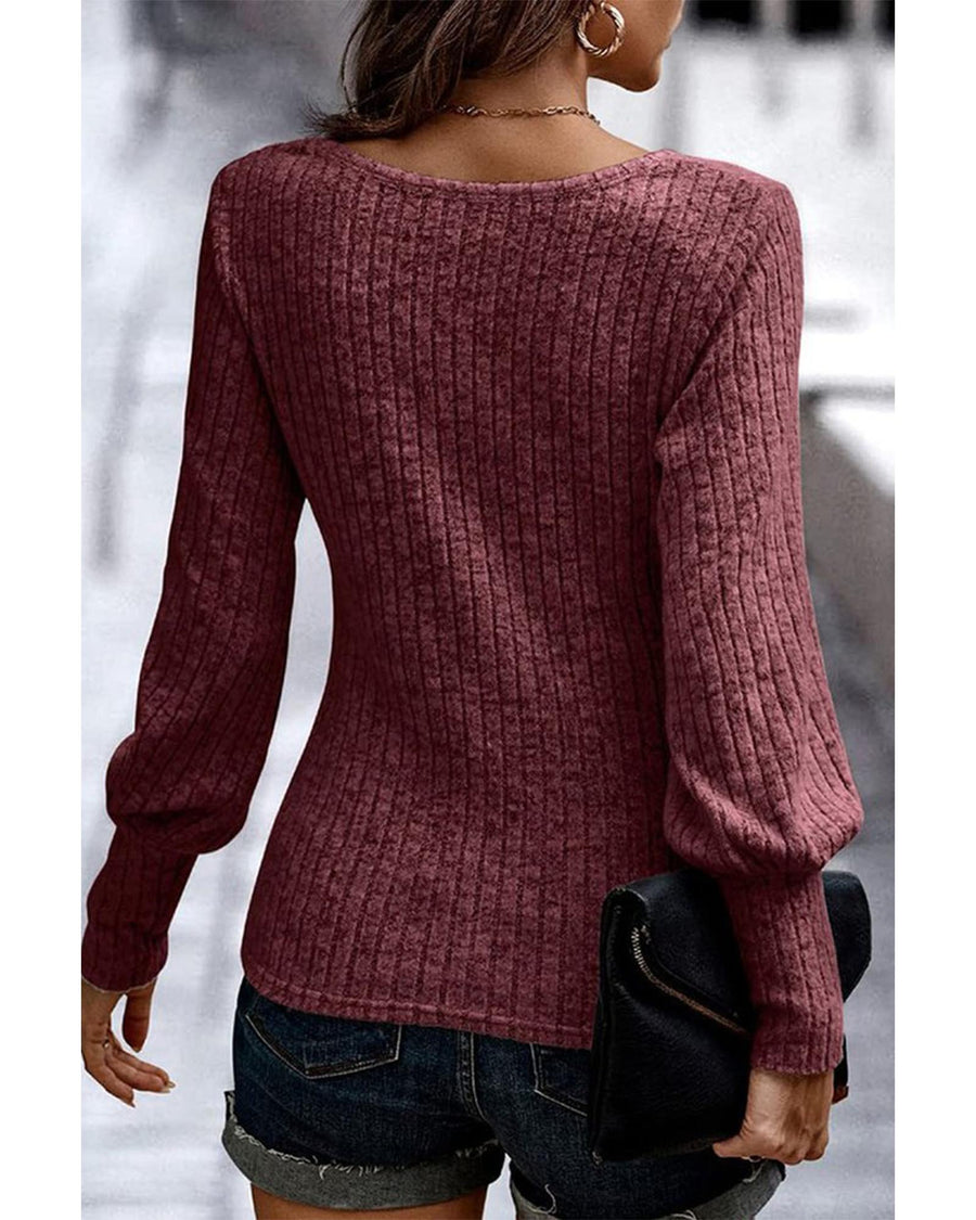 Mineral Red Ribbed Bishop Sleeve Round Neck Top - L