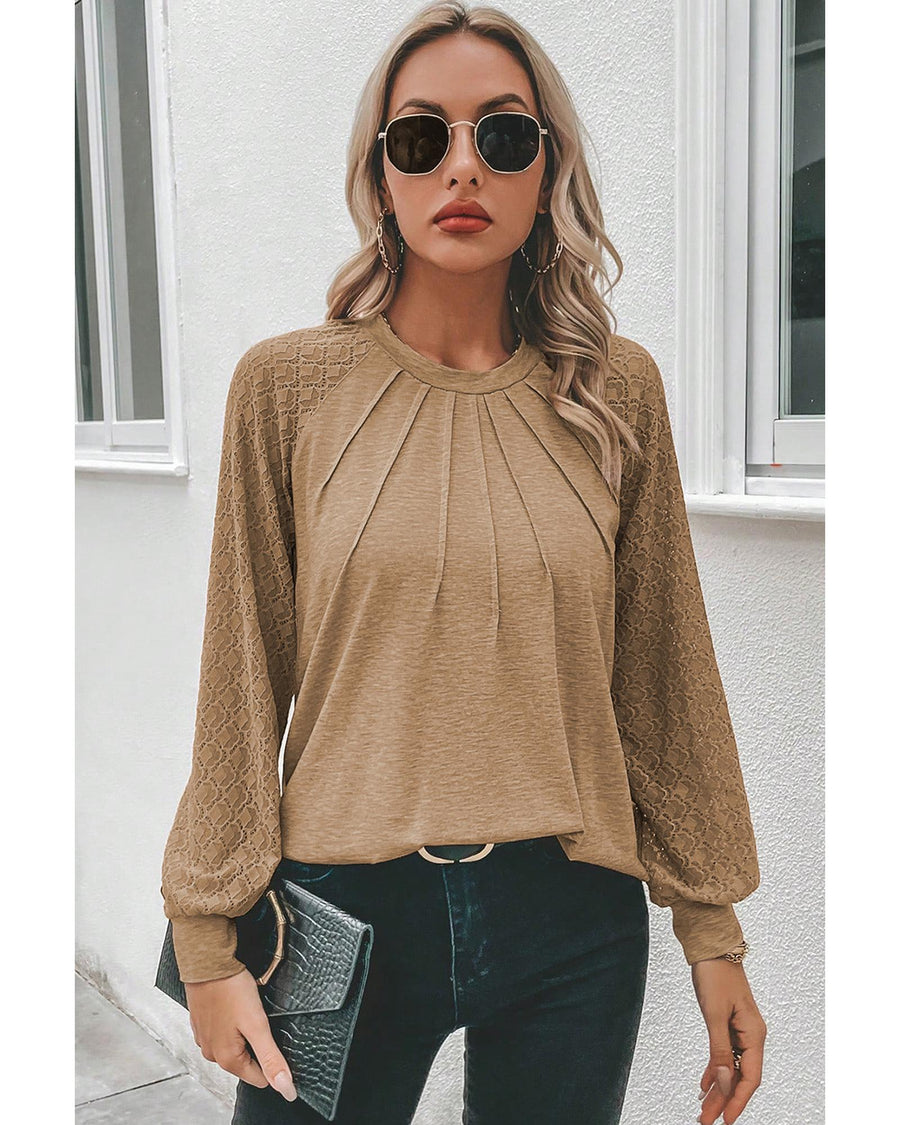 Light French Beige Contrast Lace Raglan Sleeve Plicate Round Neck Top - S