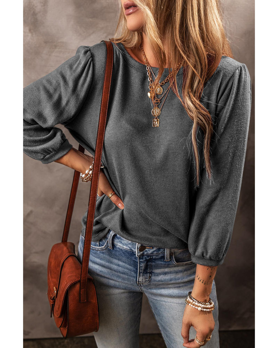 Medium Grey Solid Color 3/4 Sleeve Round Neck Blouse - XL