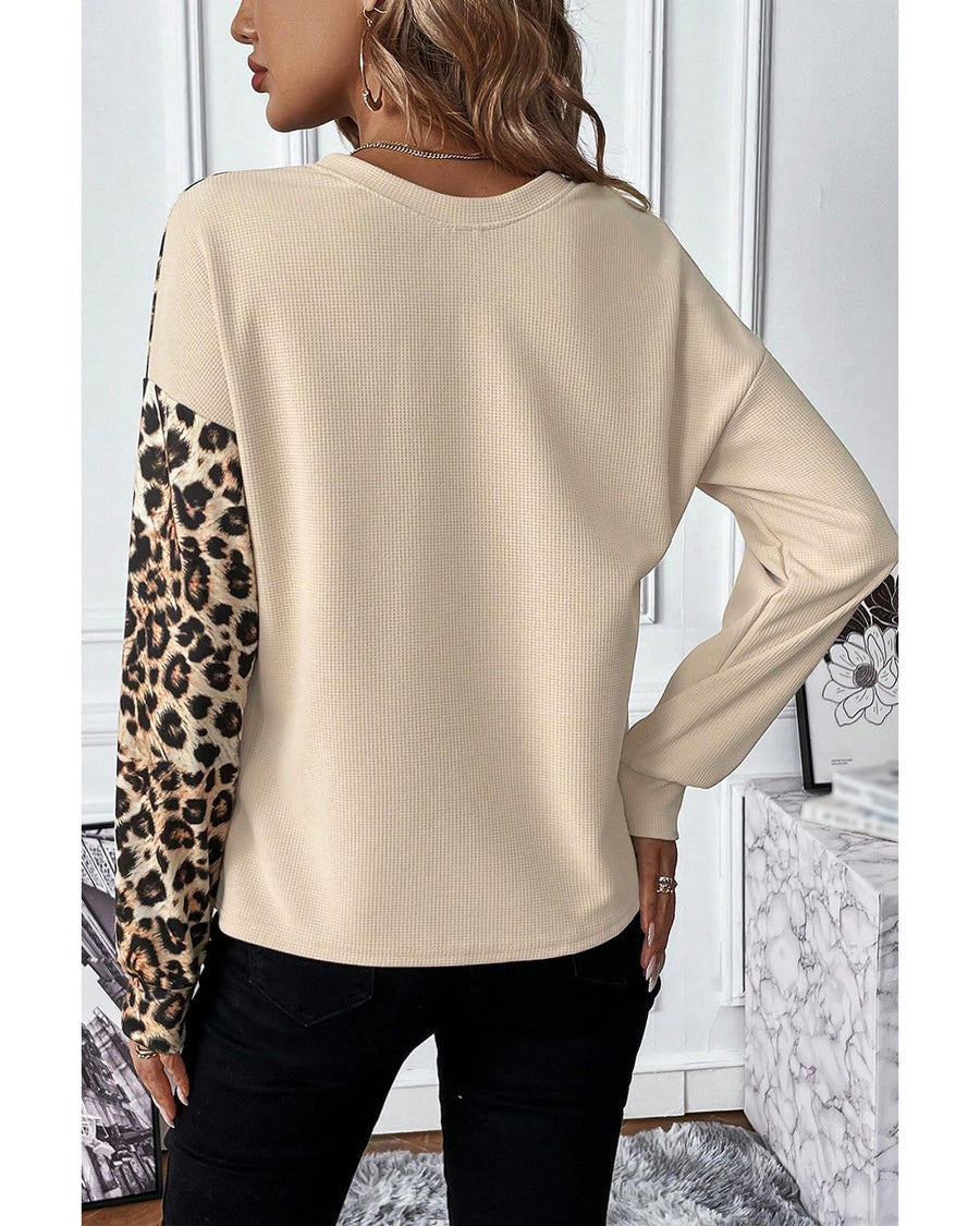 Pale Khaki Leopard Colorblock Waffle Knit Top - S