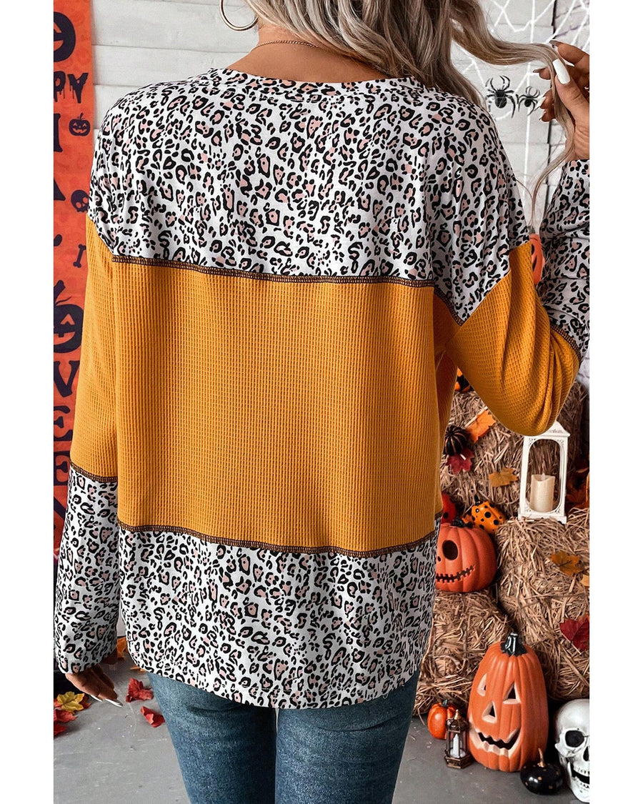 Vitality Orange Leopard Print Waffle Knit Patchwork Top - S