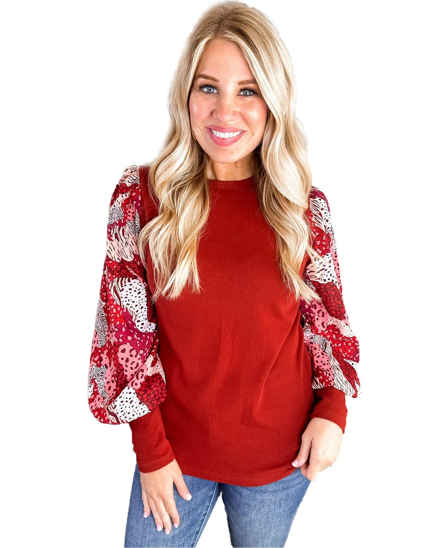 Fiery Red Contrast Mixed Animal Print Lantern Sleeve Patchwork Top - S