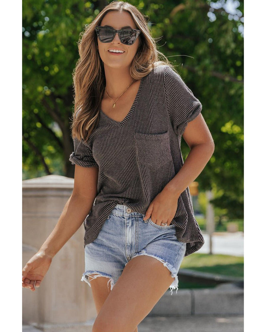 Carbon Grey Twist Short Sleeve Corded V Neck Top - S