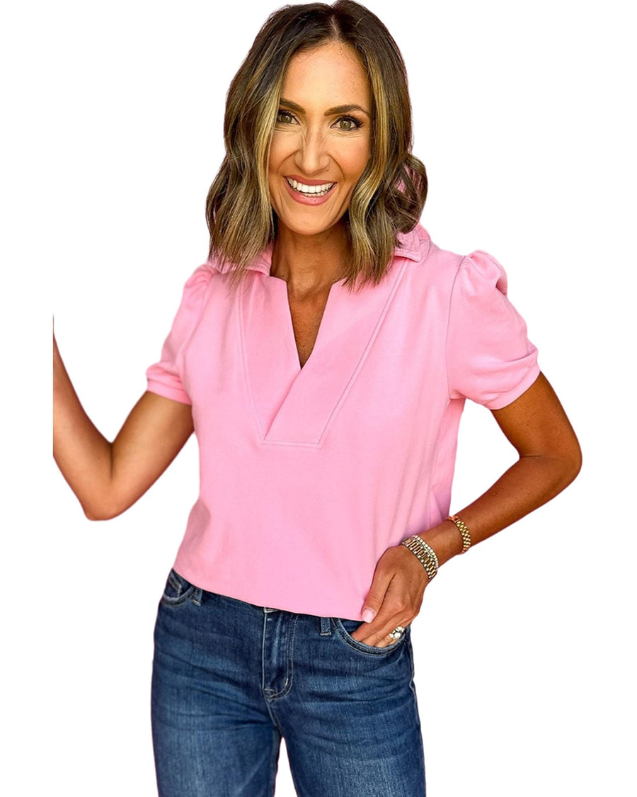 Pink Collared V Neck Puff Sleeve T-shirt - L