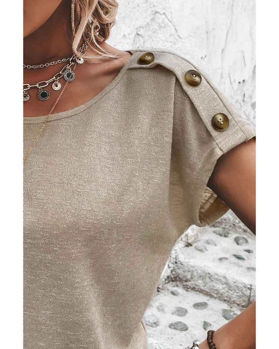 Smoke Gray Button Detail Batwing Sleeve Casual Tee - M