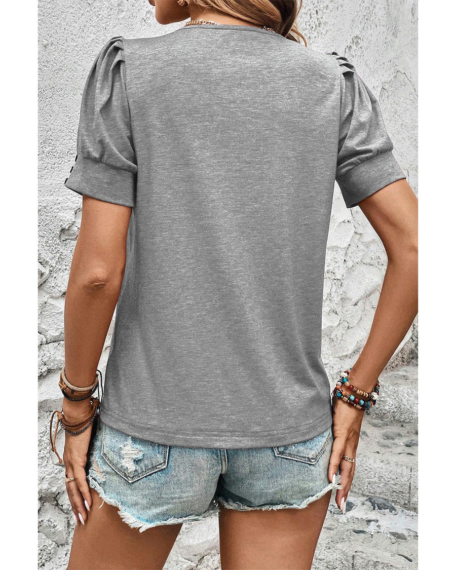 Light Grey Pleated Puff Sleeve Knit Tee - XL