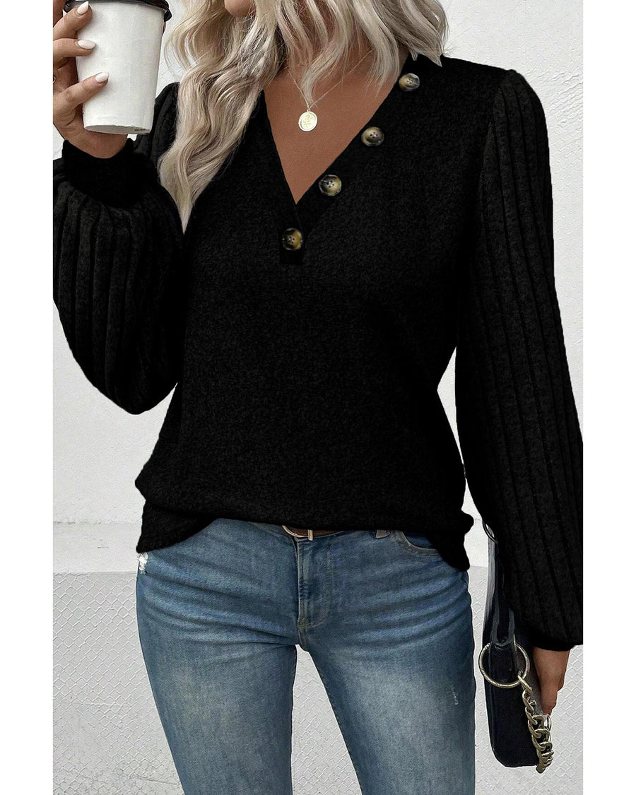 Azura Exchange Black Buttoned V Neck Ribbed Puff Sleeve Top - M