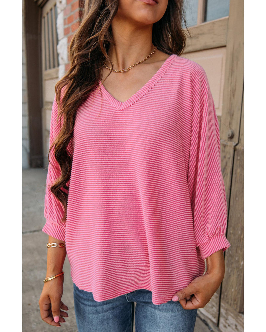 Strawberry Pink Striped Print Bracelet Sleeve V Neck Top - S