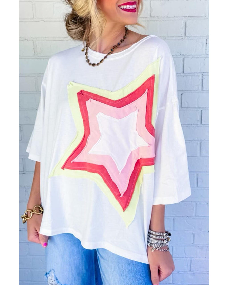 White Colorblock Star Patched Half Sleeve Oversized Tee - XL