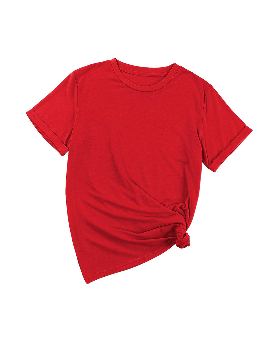 Red Casual Plain Crew Neck Tee - L