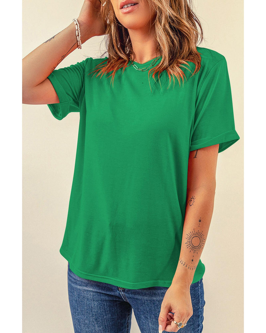 Bright Green Casual Plain Crew Neck Tee - M