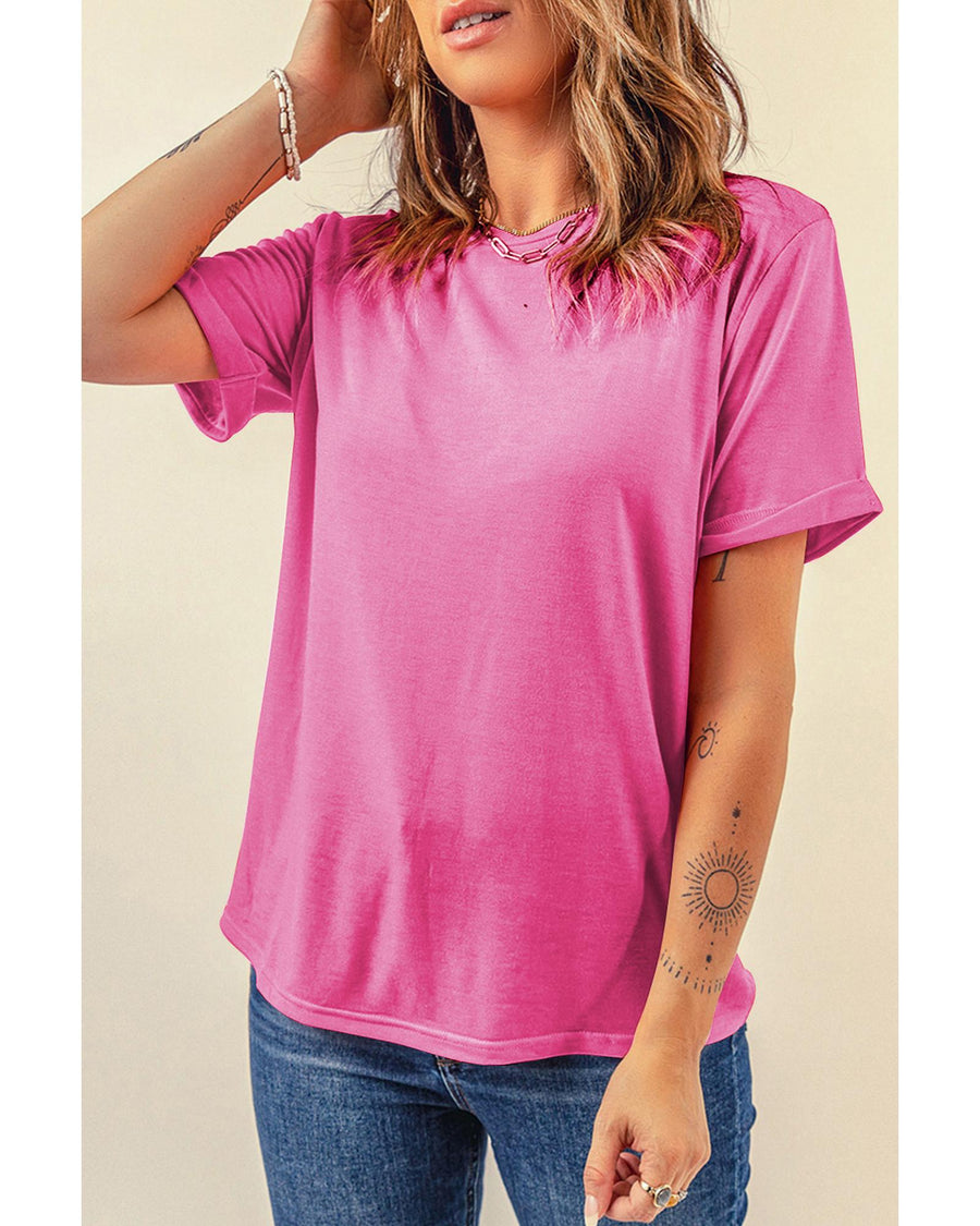 Sachet Pink Bright Casual Plain Crew Neck Tee - M