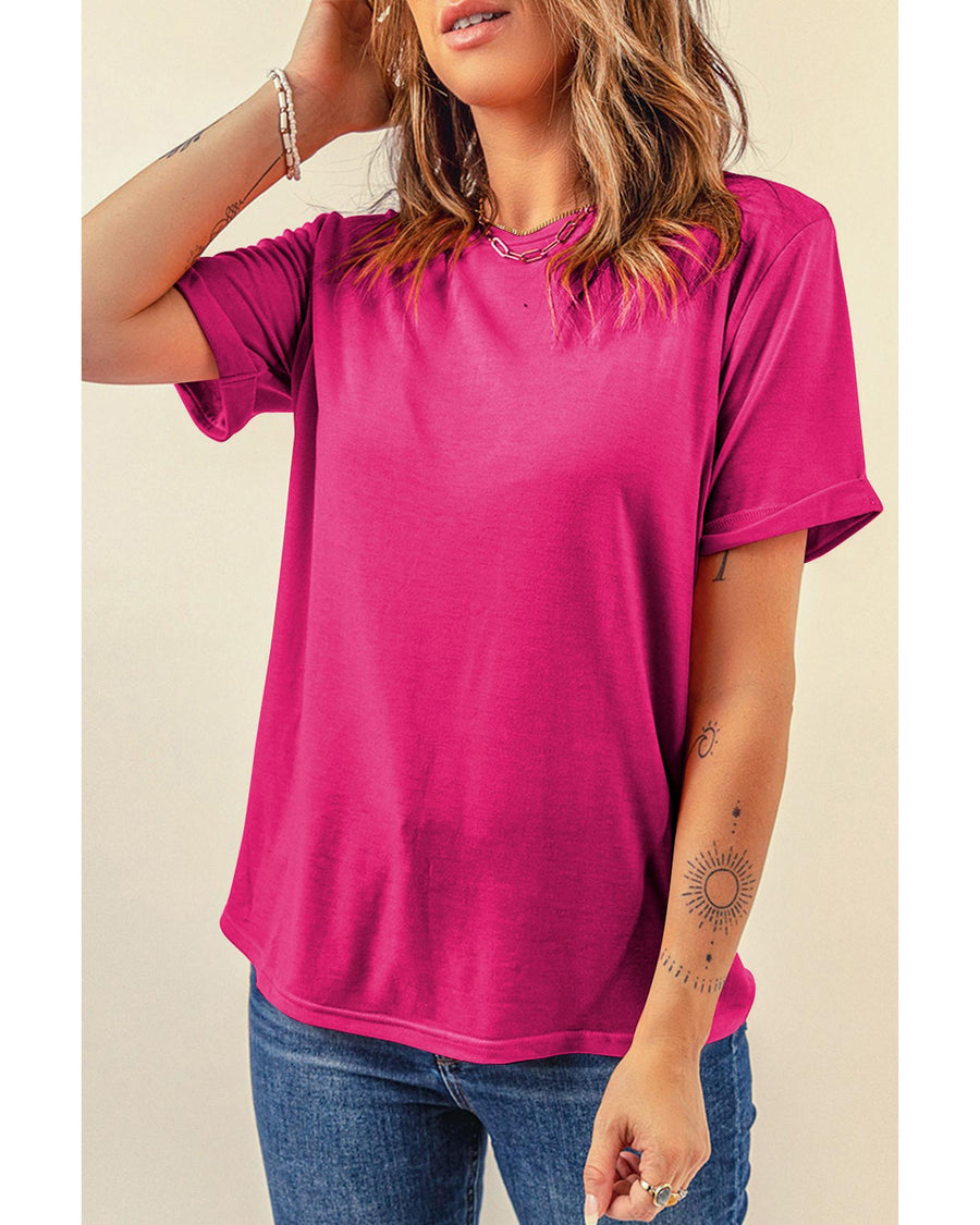 Rose Red Casual Plain Crew Neck Tee - 2XL