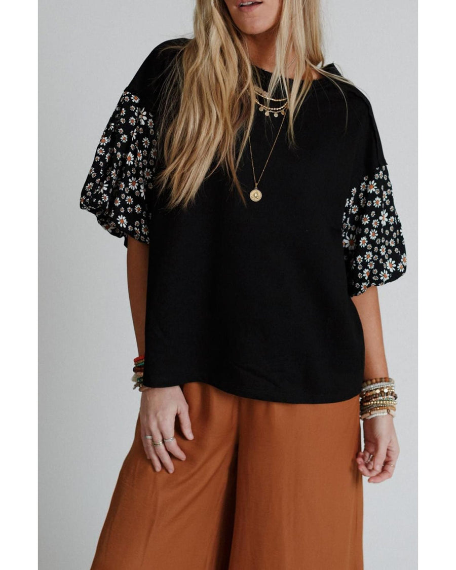 Black Contrast Floral Puff Sleeve Oversized Top - S